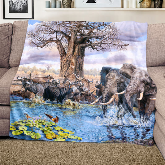Buffalo at the Water Hole Light Weight Fleece Blanket by Delene Lambert