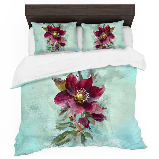 Burgundy Bloom on Aqua Duvet Cover Set