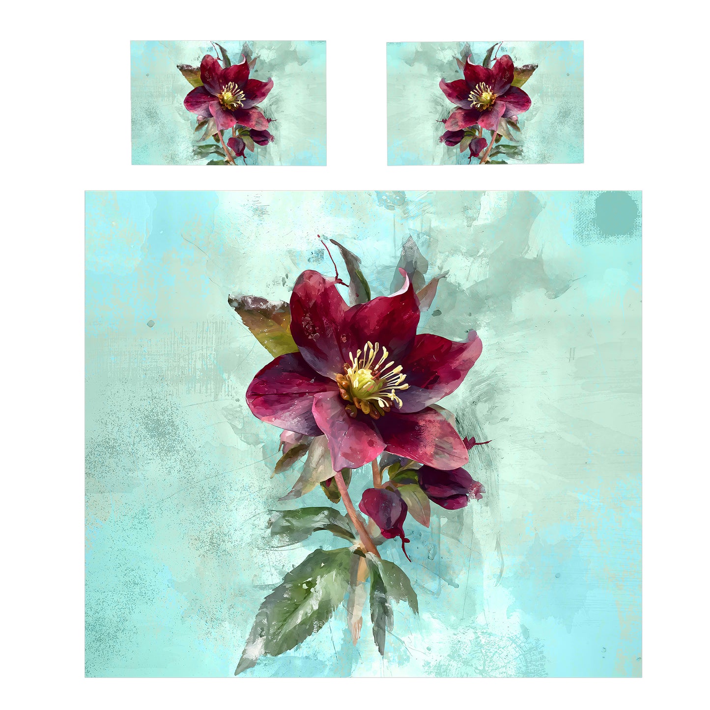 Burgundy Bloom on Aqua Duvet Cover Set