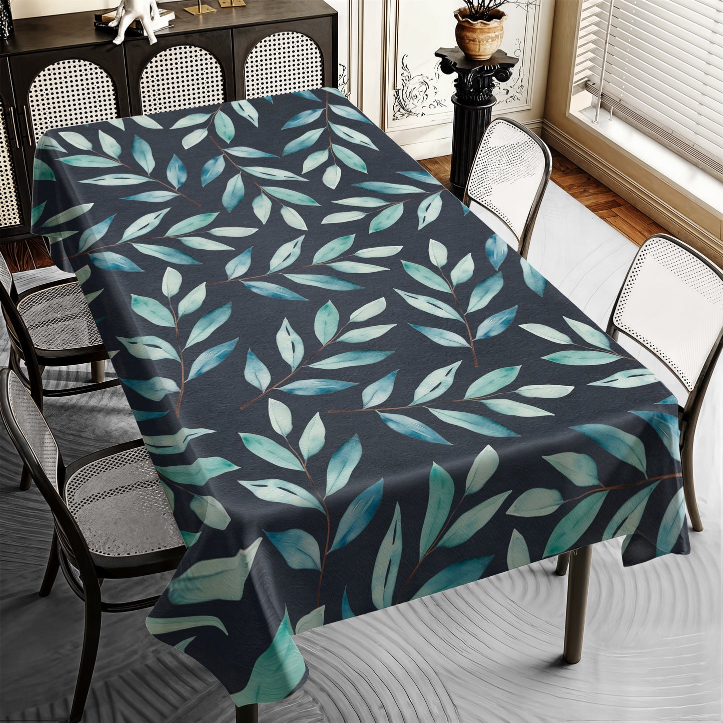 Charcoal Waterpainted Blue Leaves Rectangle Tablecloth By Mark Van Vuuren