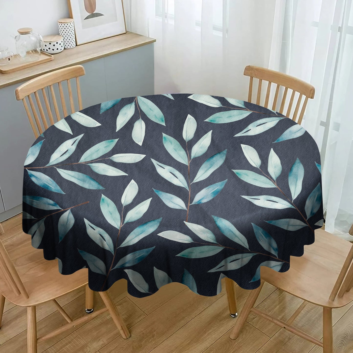 Charcoal Waterpainted Blue Leaves By Mark Van Vuuren Round Tablecloth