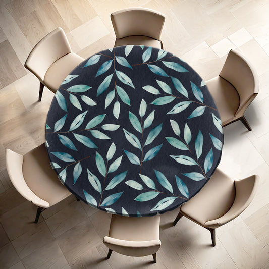 Charcoal Waterpainted Blue Leaves By Mark Van Vuuren Round Tablecloth