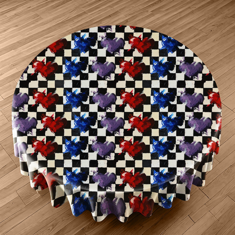 Checkered Hearts Round Tablecloth by Juanette Menderoi