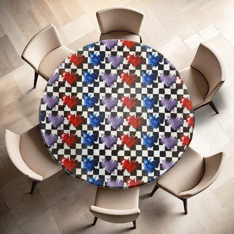 Checkered Hearts Round Tablecloth by Juanette Menderoi