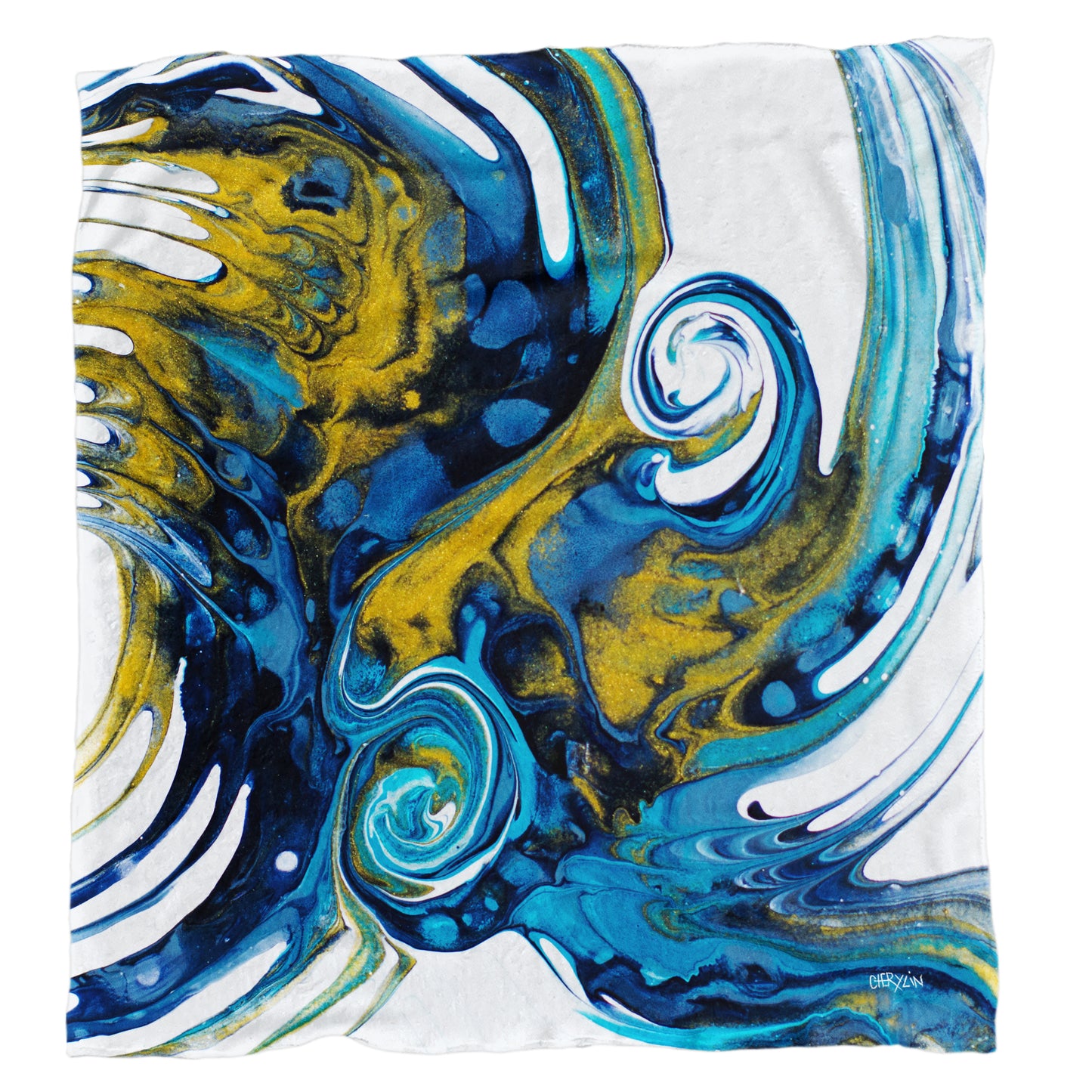 Swirls Gold & Abstract Blue Light Weight Fleece Blanket By Cherylin Louw