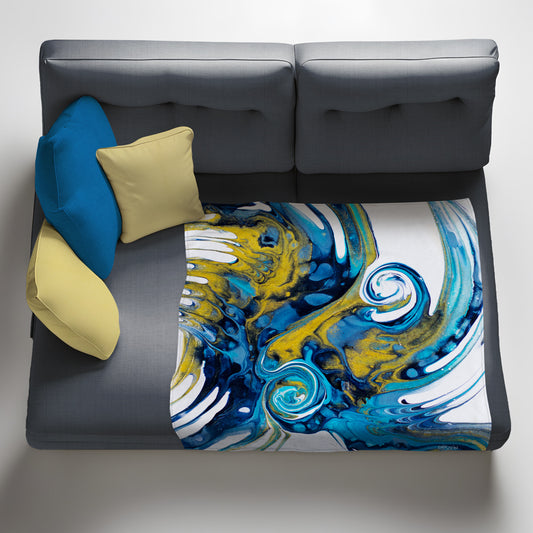 Swirls Gold &  Abstract Blue Light Weight Fleece Blanket By Cherylin Louw