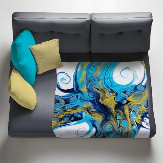 Abstract Gold and Blue Waves Light Weight Fleece Blanket by Cherylin Louw