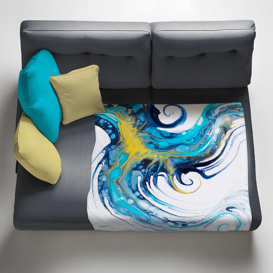 Thin Golden Blue Waves Light Weight Fleece Blanket by Cherylin Louw