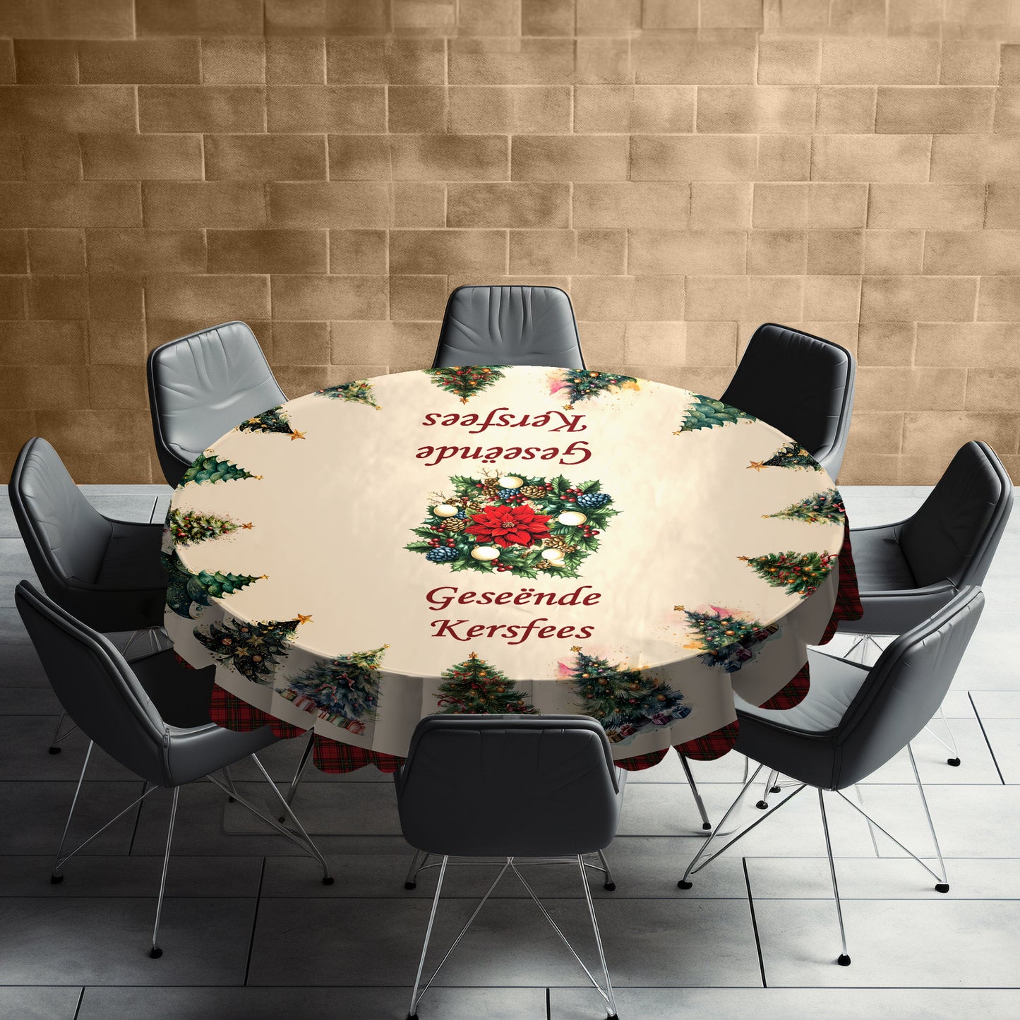 Circle of Christmas Trees Round Tablecloth