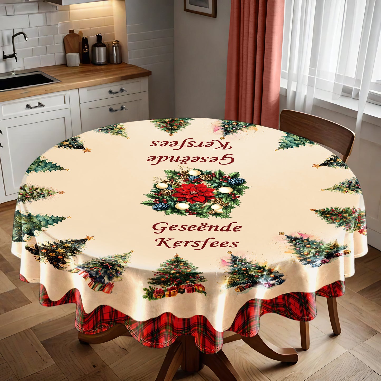 Circle of Christmas Trees Round Tablecloth