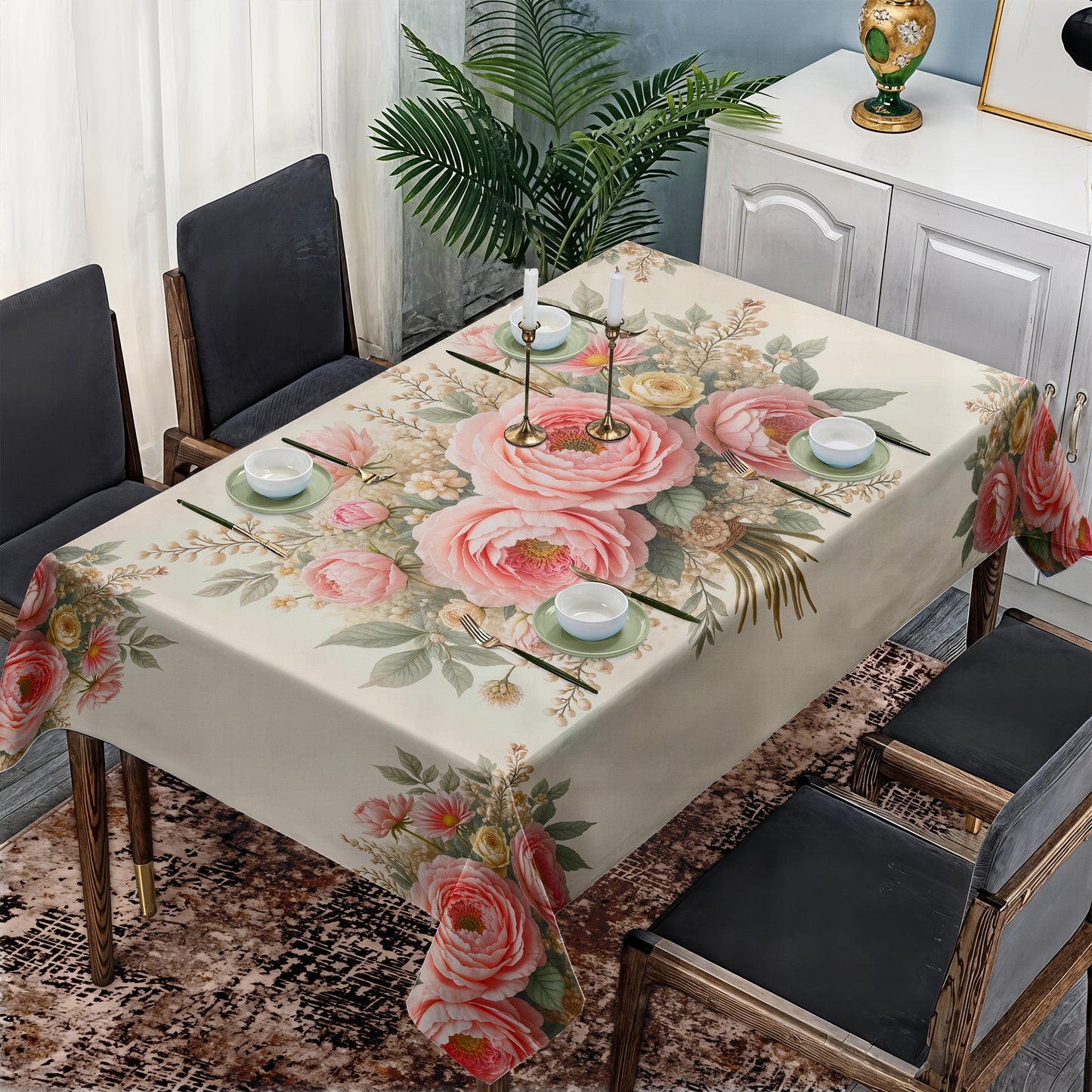 Classic Rich Cream Peony Rectangle Tablecloth (1)
