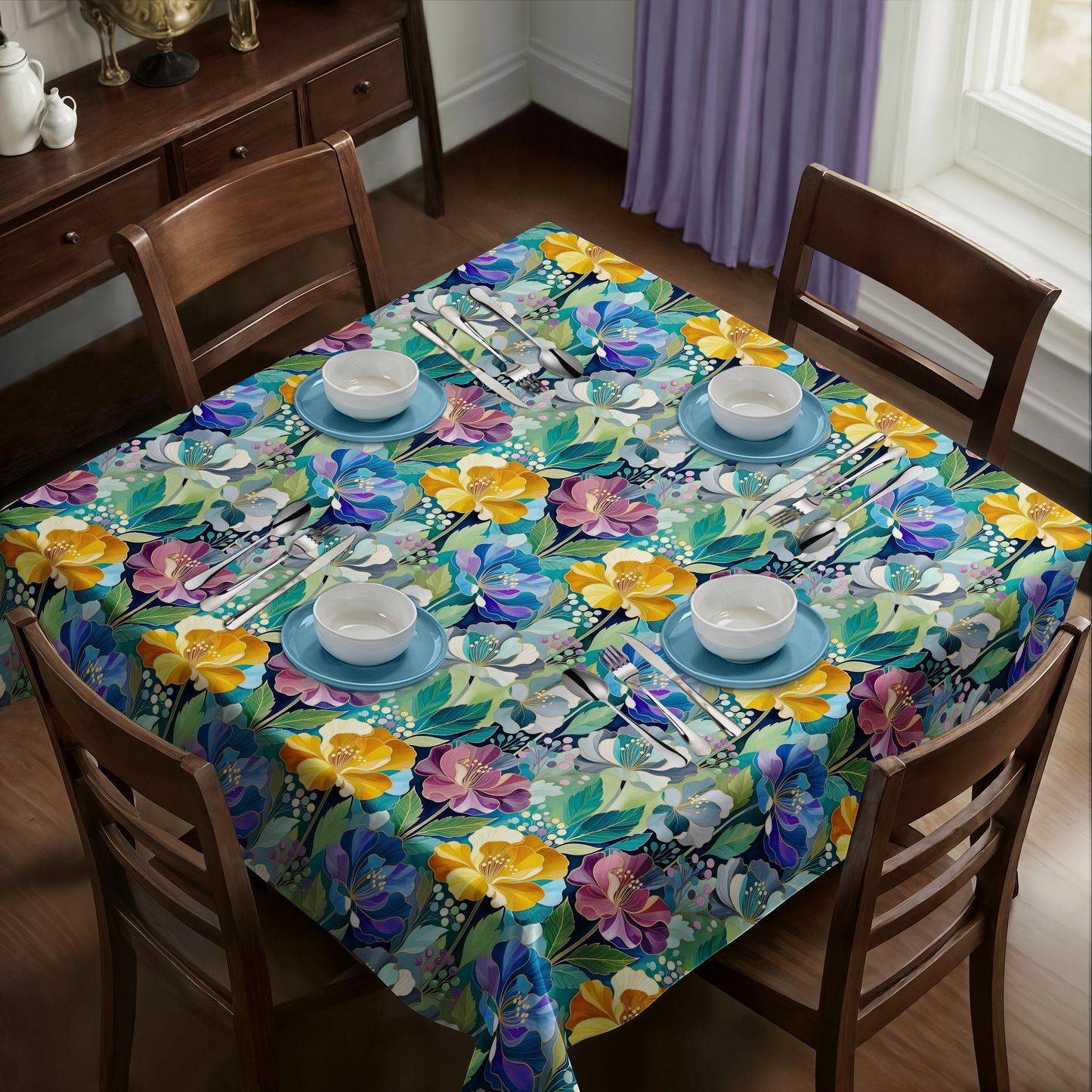 Cobalt & Amber Peonies Square Tablecloth