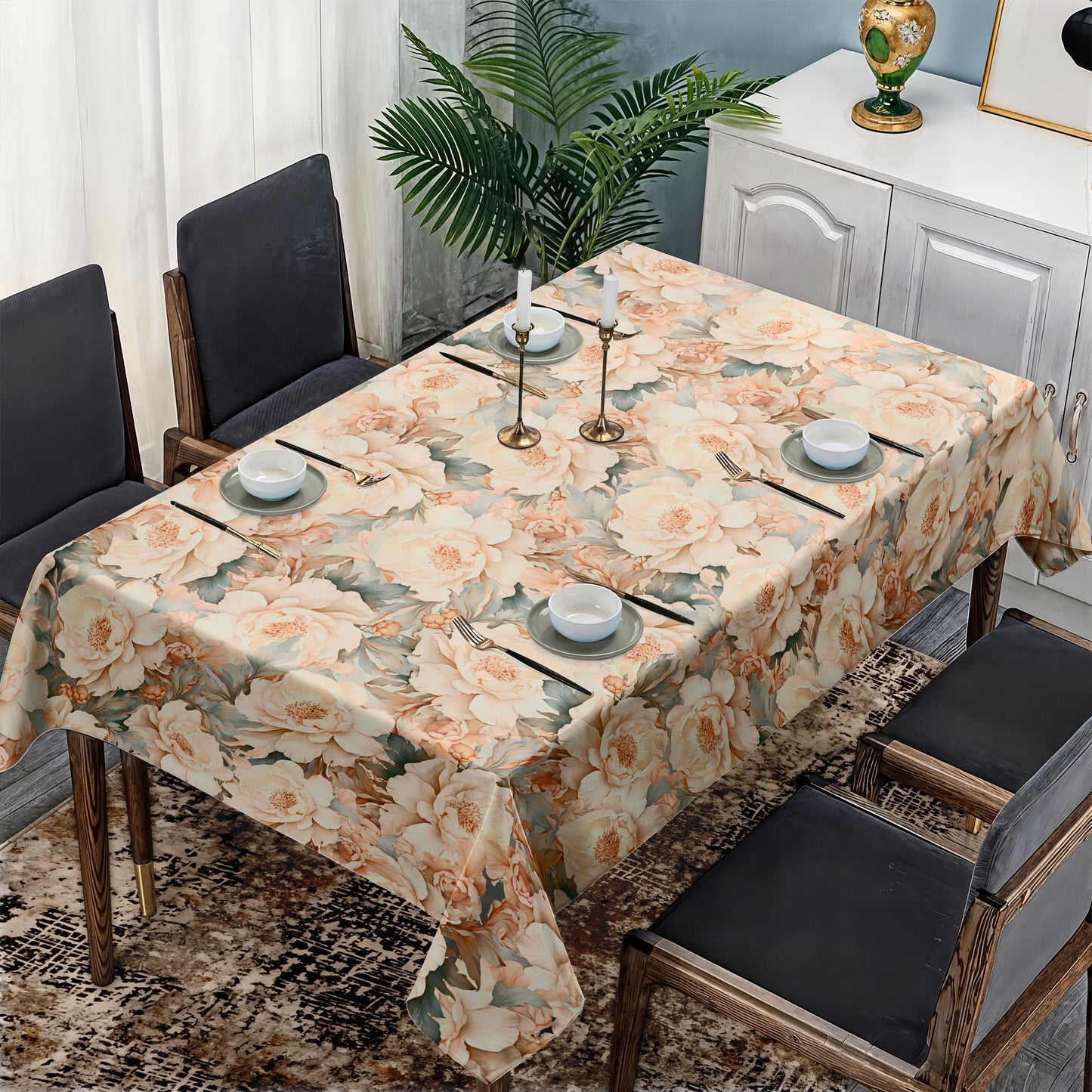 Coffee & Grey Tone Peonies Rectangle Tablecloth By Mark Van Vuuren