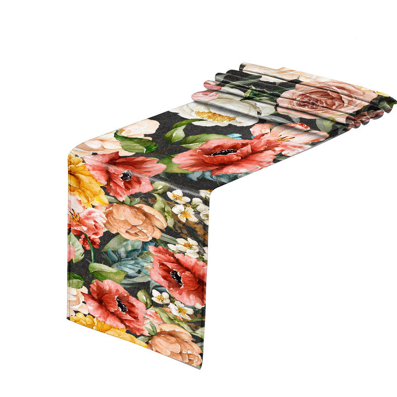 Colourful Water Painted Flowers on Black Table Runner by Mark van Vuuren
