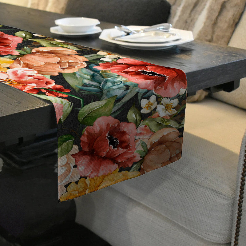 Colourful Water Painted Flowers on Black Table Runner by Mark van Vuuren