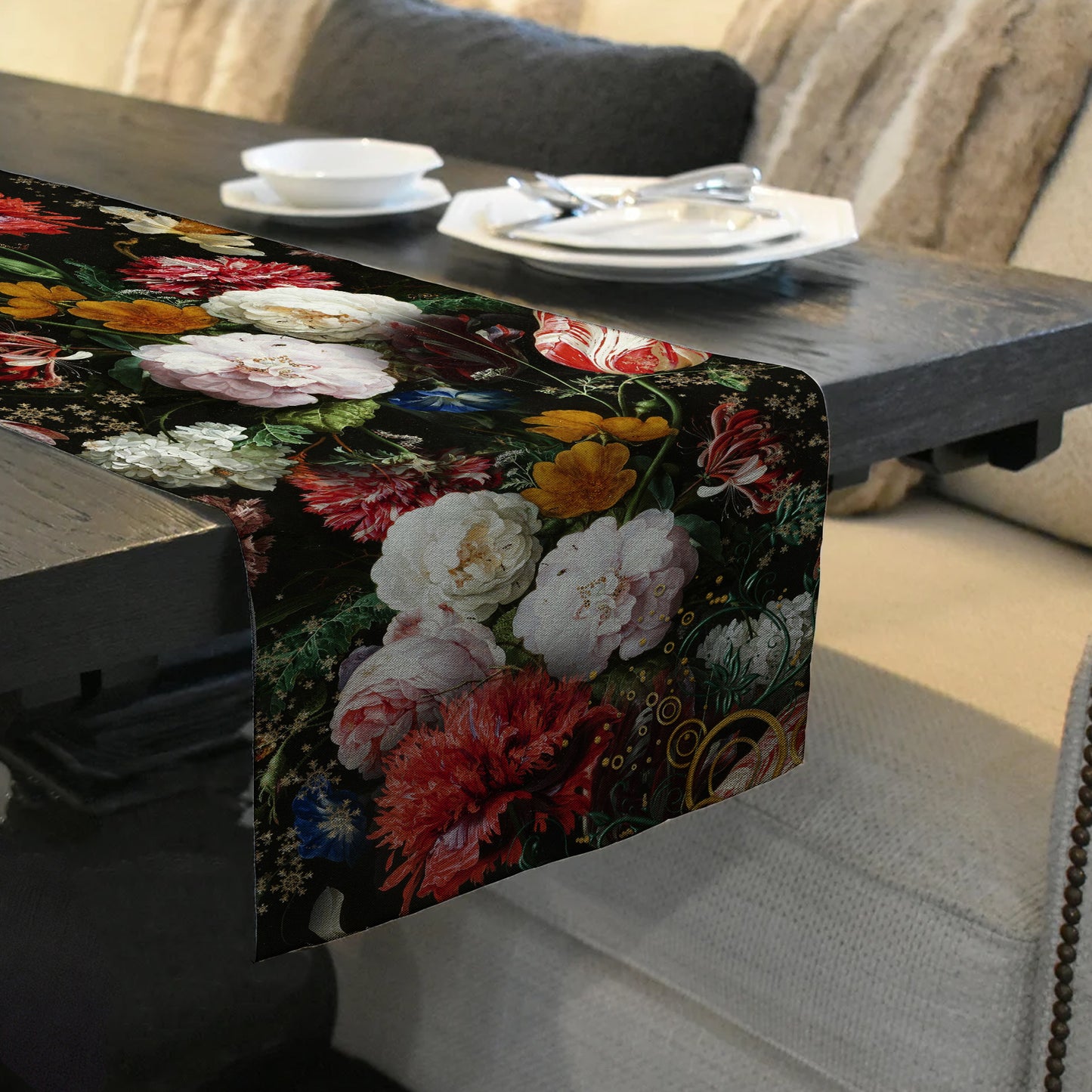 Colourful Floral on Black Table Runner