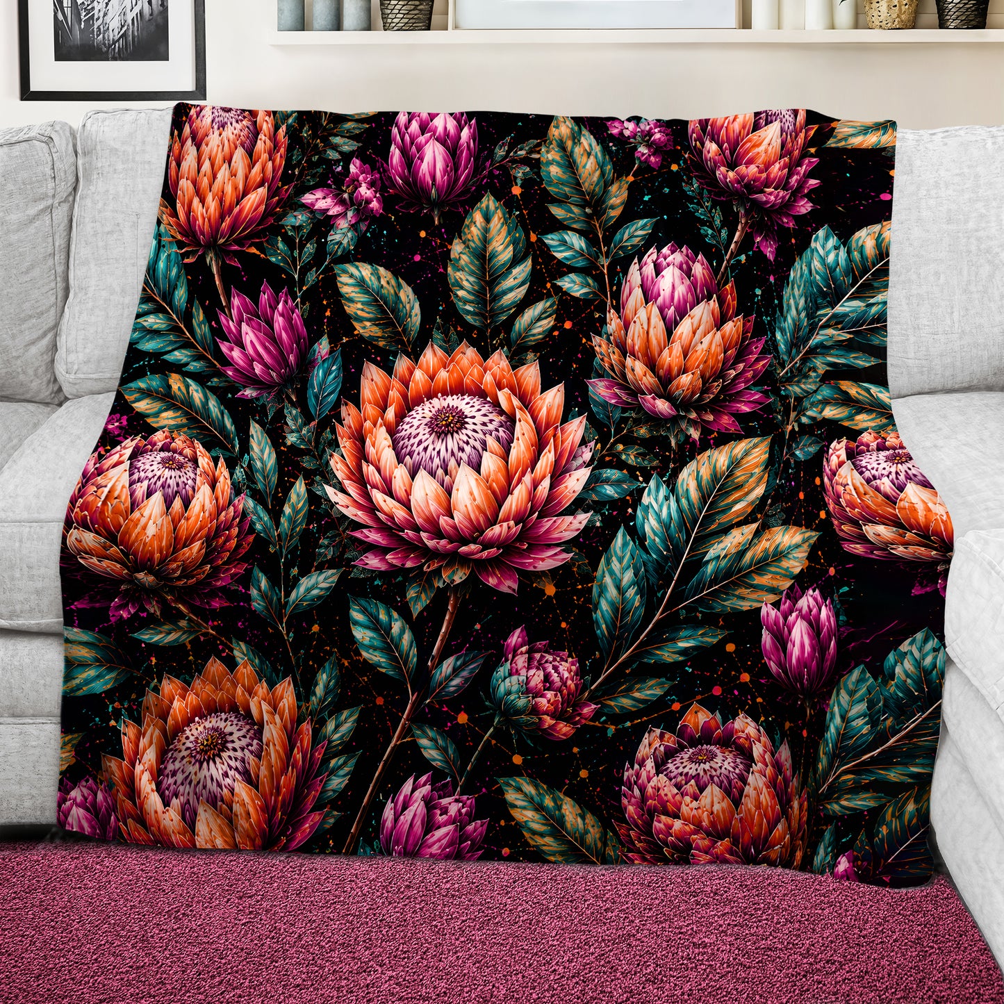 Colourful Proteas on Black Light Weight Fleece Blanket