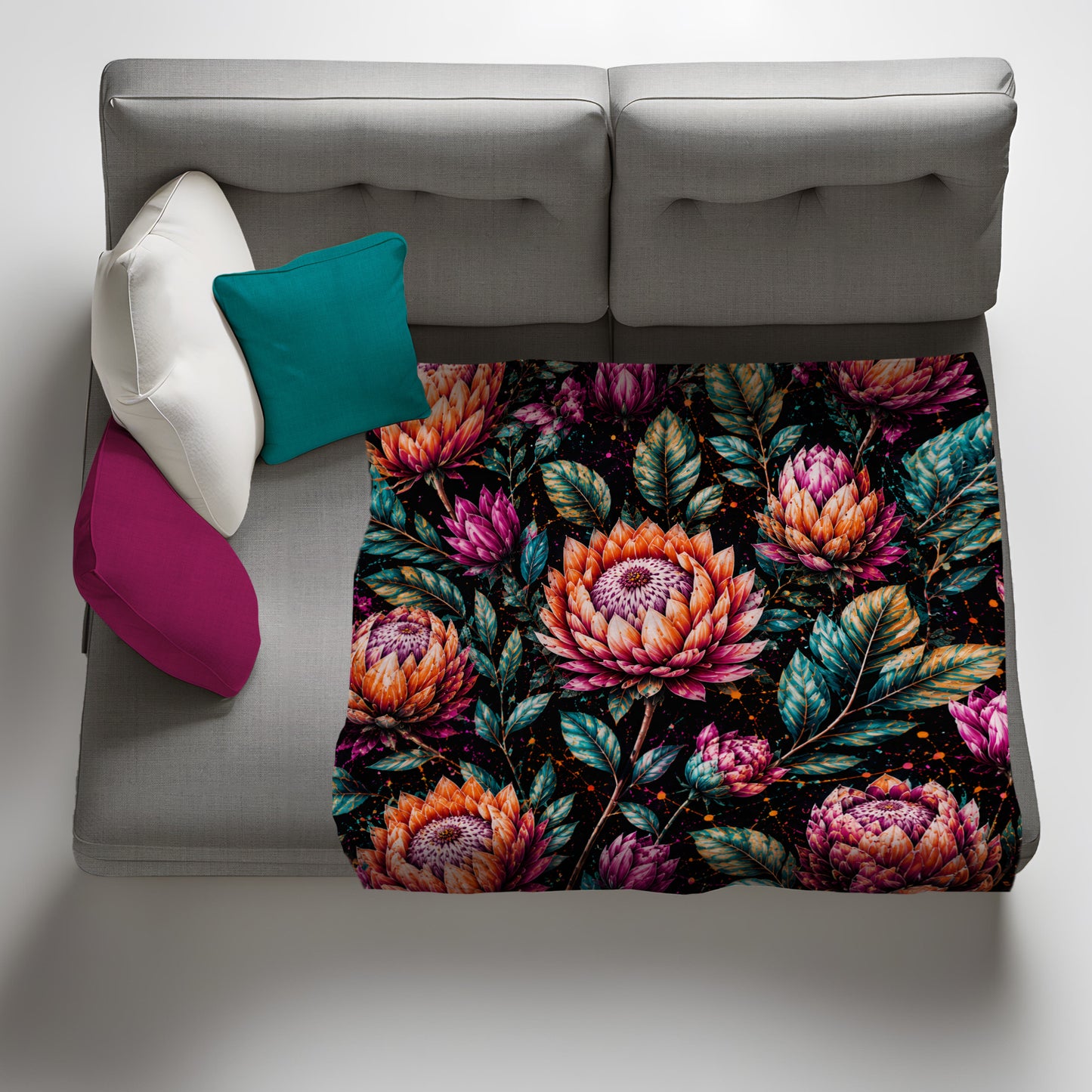 Colourful Proteas on Black Light Weight Fleece Blanket