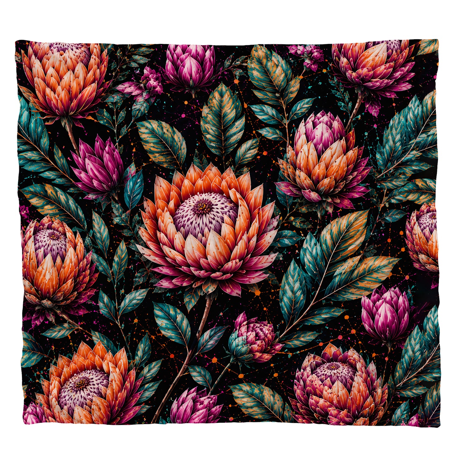 Colourful Proteas on Black Light Weight Fleece Blanket