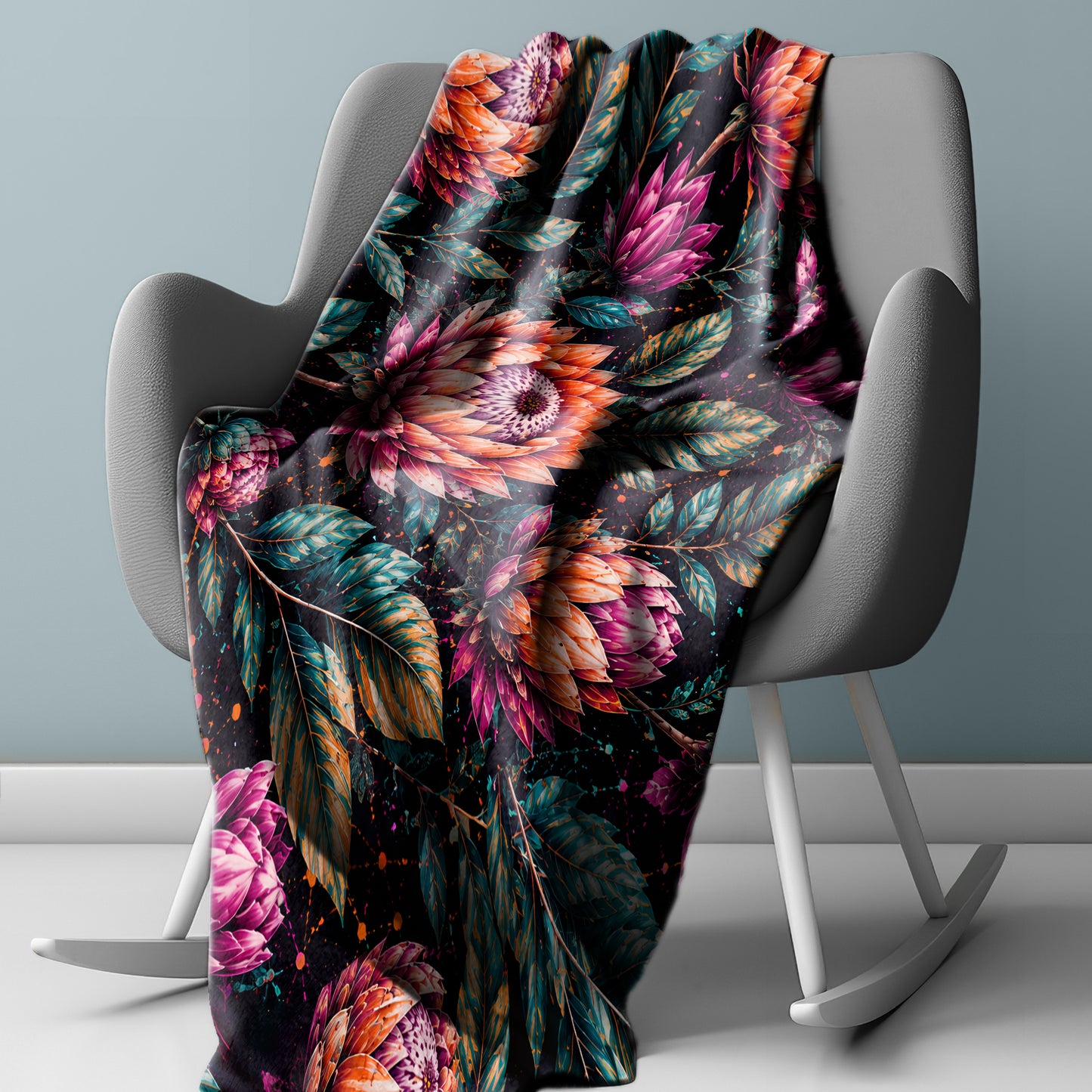 Colourful Proteas on Black Light Weight Fleece Blanket