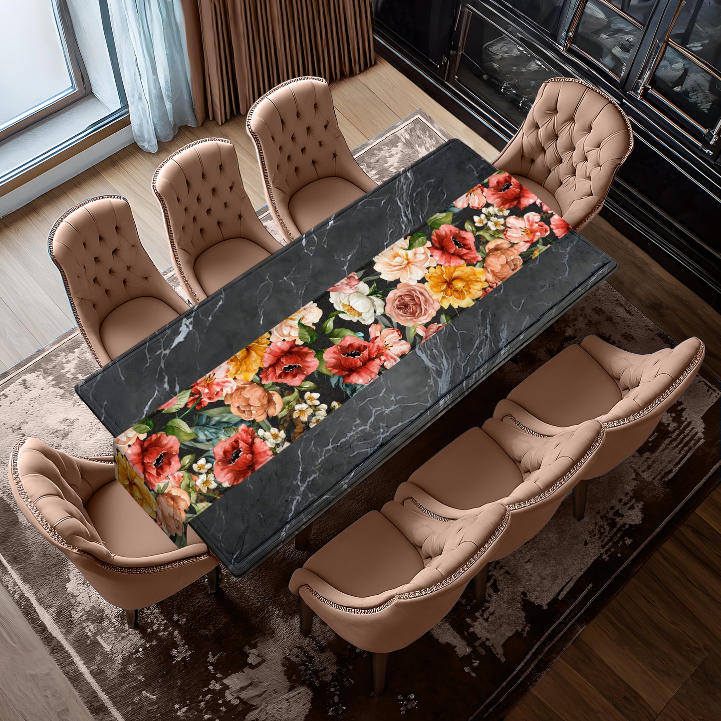 Colourful Flowers Patern on Black Table Runner by Mark van Vuuren