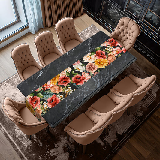 Colourful Water Painted Flowers on Black Table Runner by Mark van Vuuren