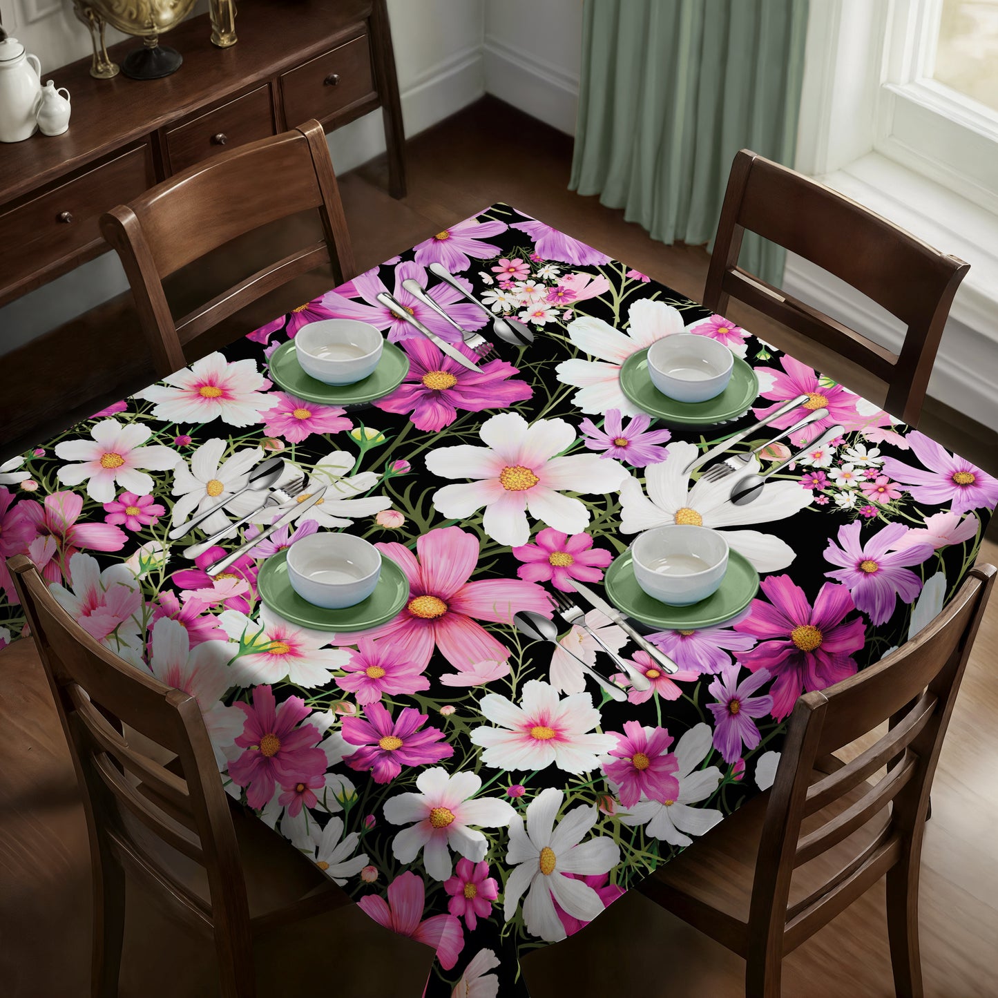 Cosmos on Black Square Tablecloth By Mark Van Vuuren