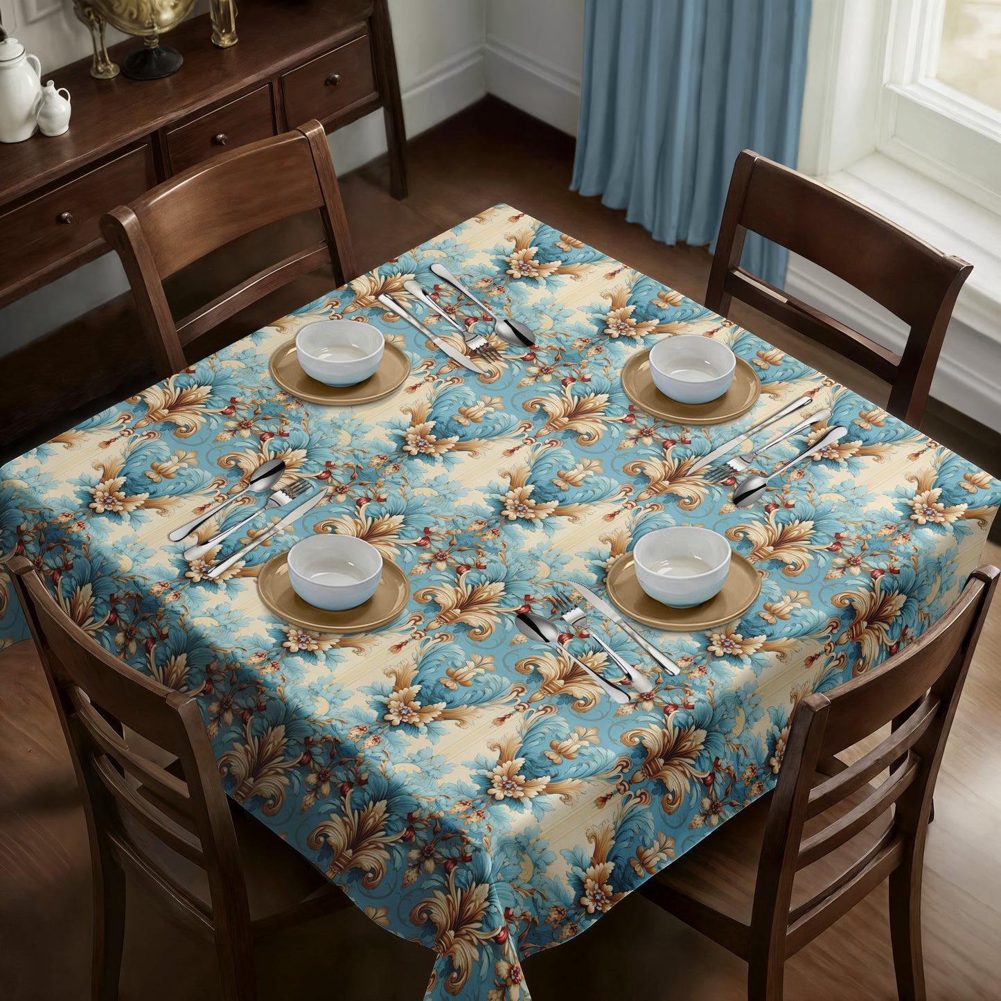 Cream And Light Aqua Square Tablecloth