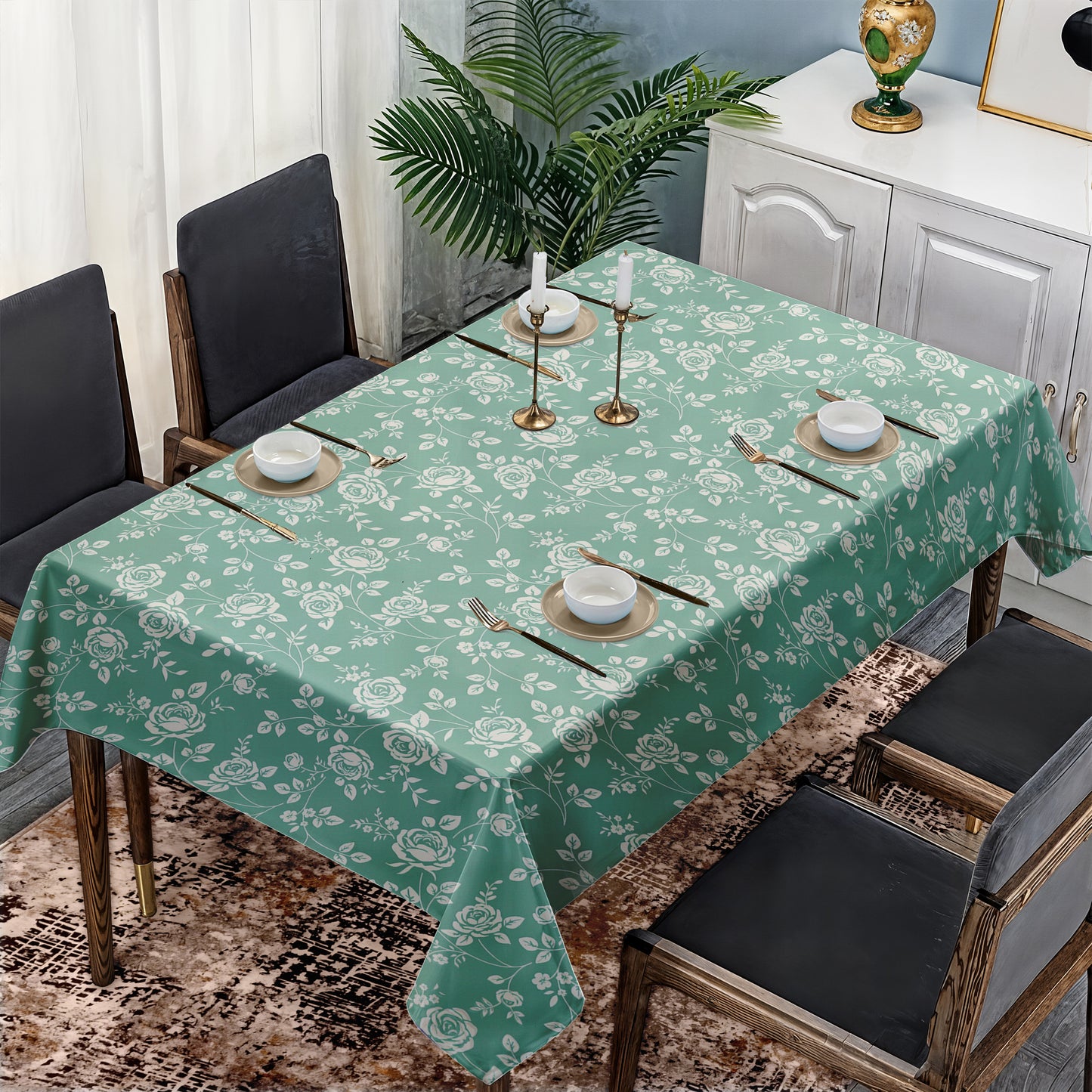 Cream Rose on Sage Green Rectangle Tablecloth