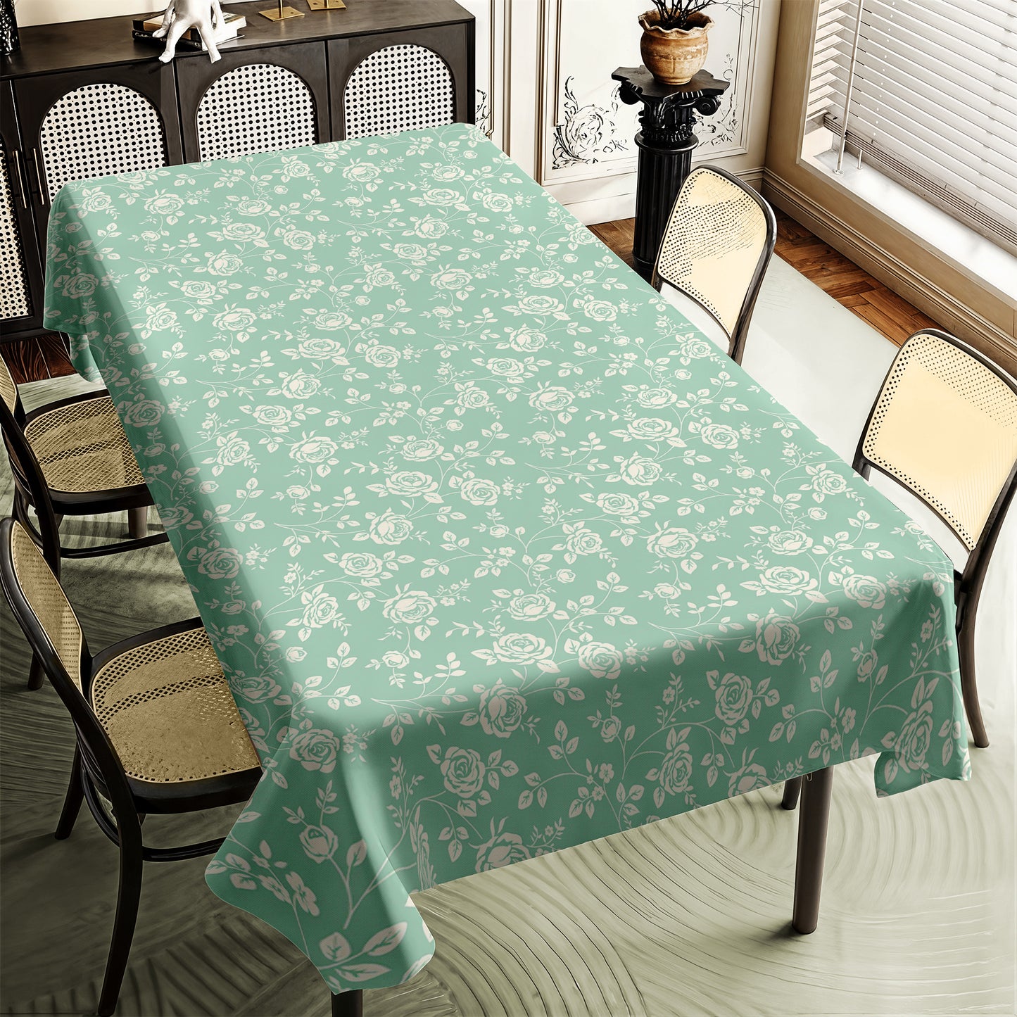 Cream Rose on Sage Green Rectangle Tablecloth