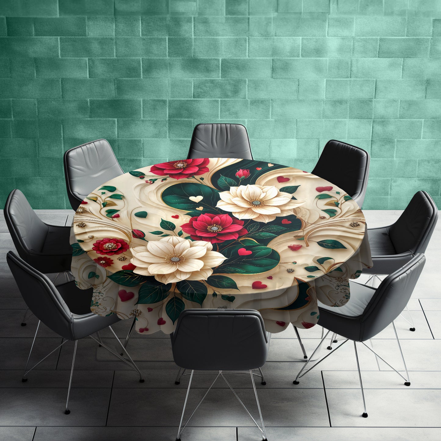 Cream and Emerald Green Round Tablecloth
