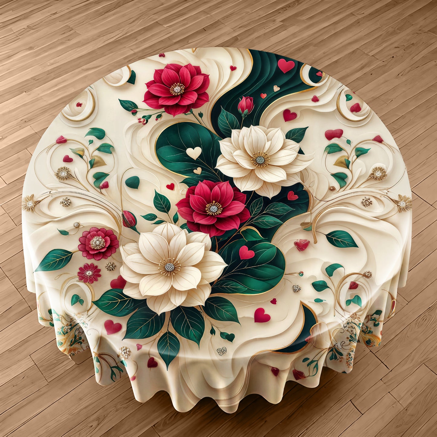 Cream and Emerald Green Round Tablecloth