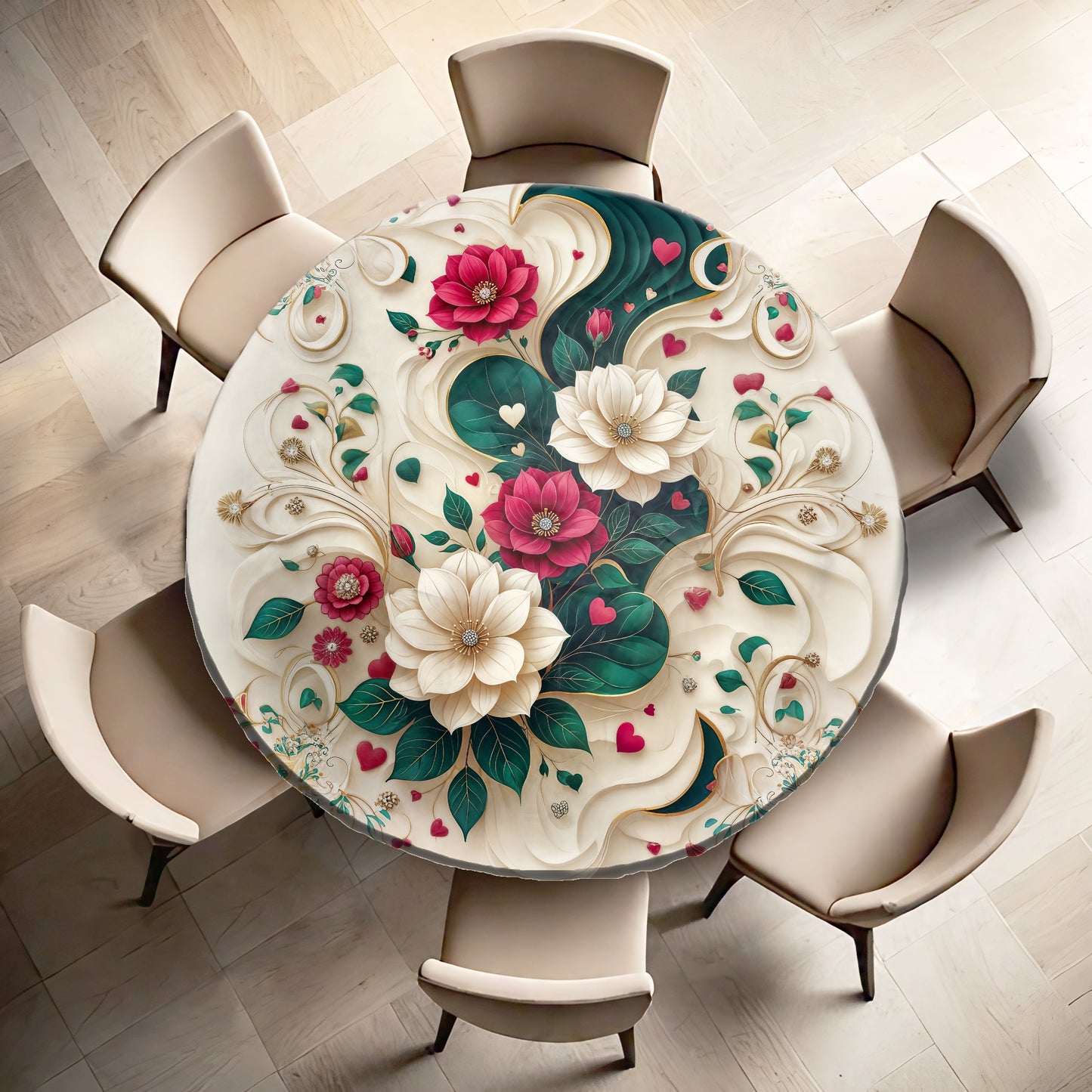 Cream and Emerald Green Round Tablecloth