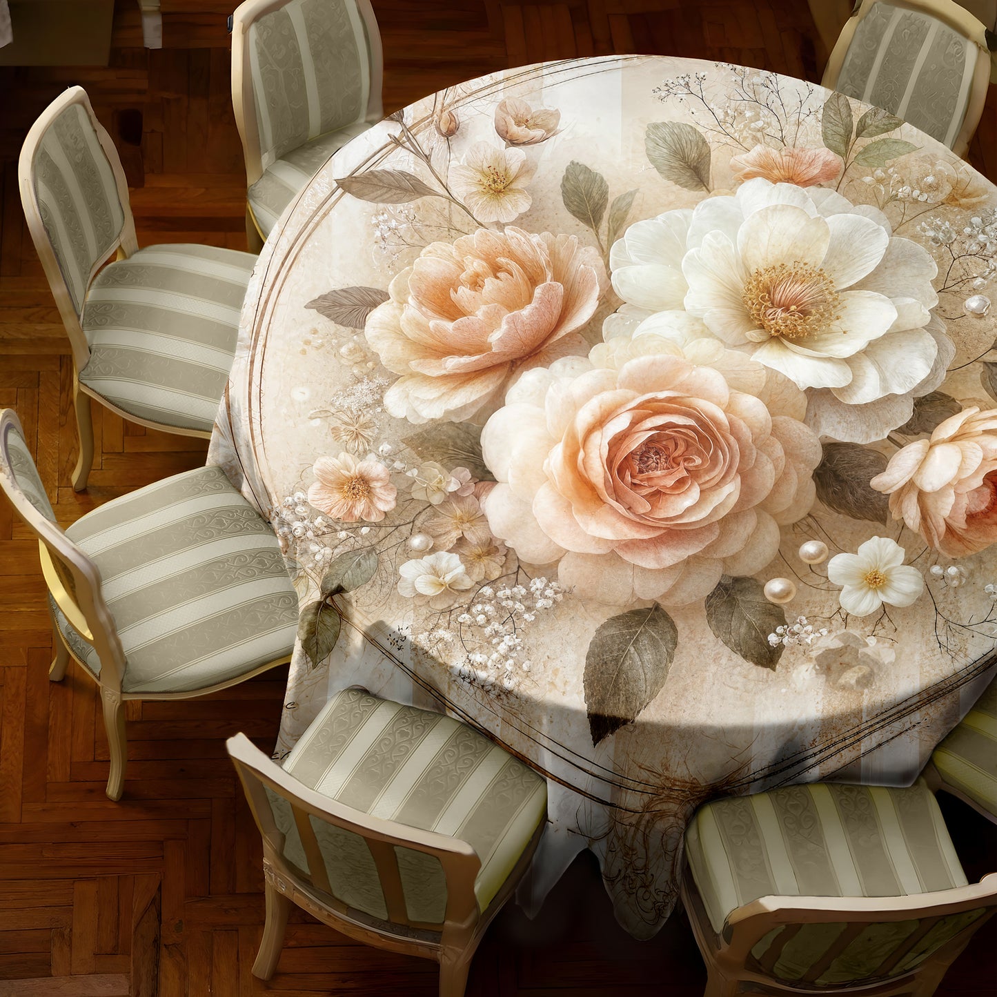 Cream and Peach Floral 2,3m Round Tablecloth