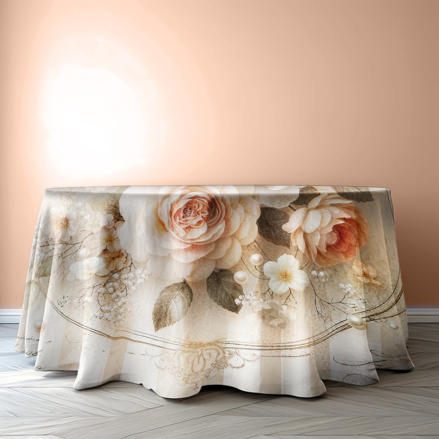 Cream and Peach Floral 2,3m Round Tablecloth