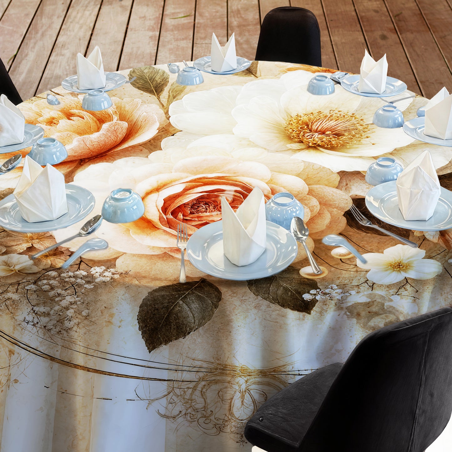 Cream and Peach Floral 2,3m Round Tablecloth