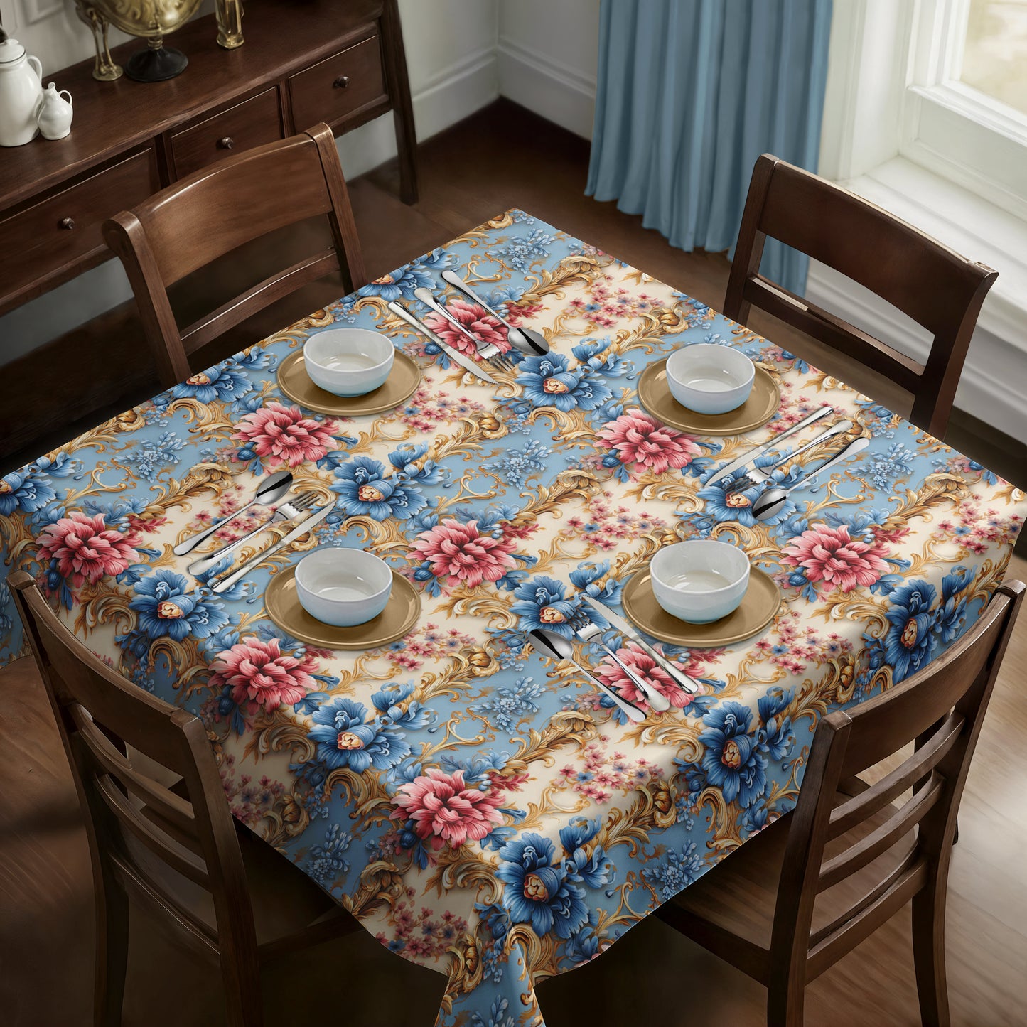 Cream and Soft Blue Square Tablecloth