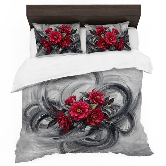Crimson Camellias Duvet Cover Set