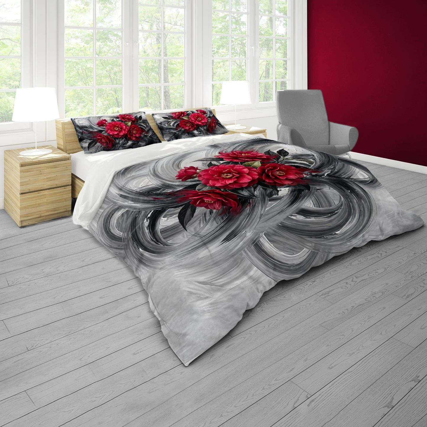 Crimson Camellias Duvet Cover Set