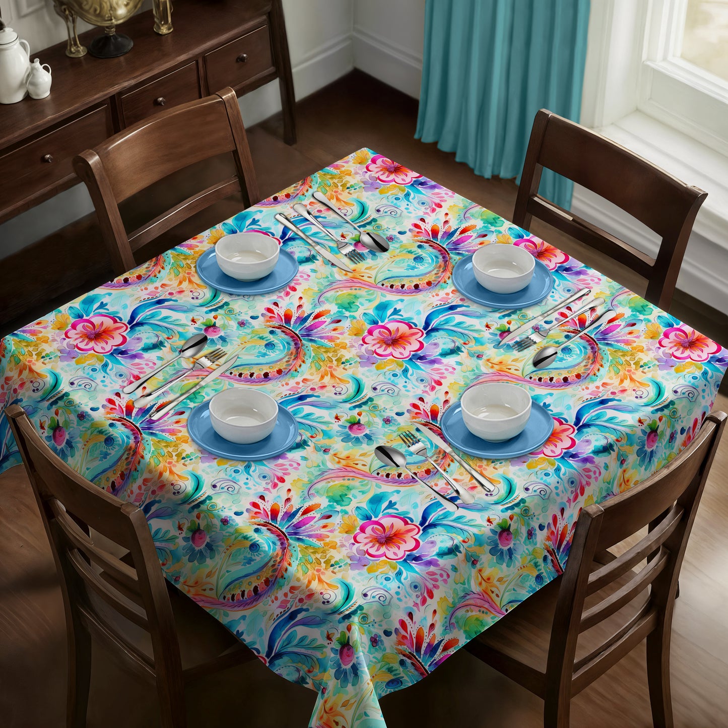Curls And Flowers Square Tablecloth
