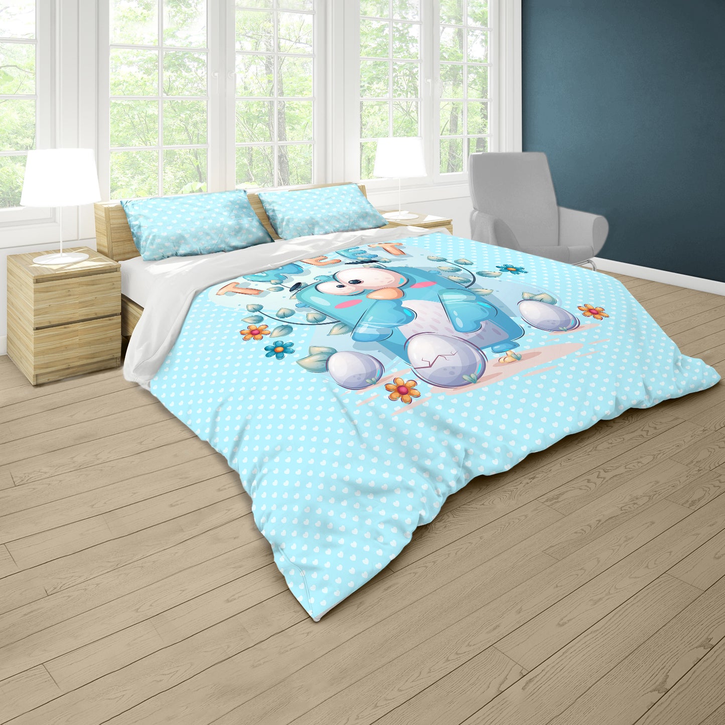 Cute Blue Bird Kids Duvet Cover Set