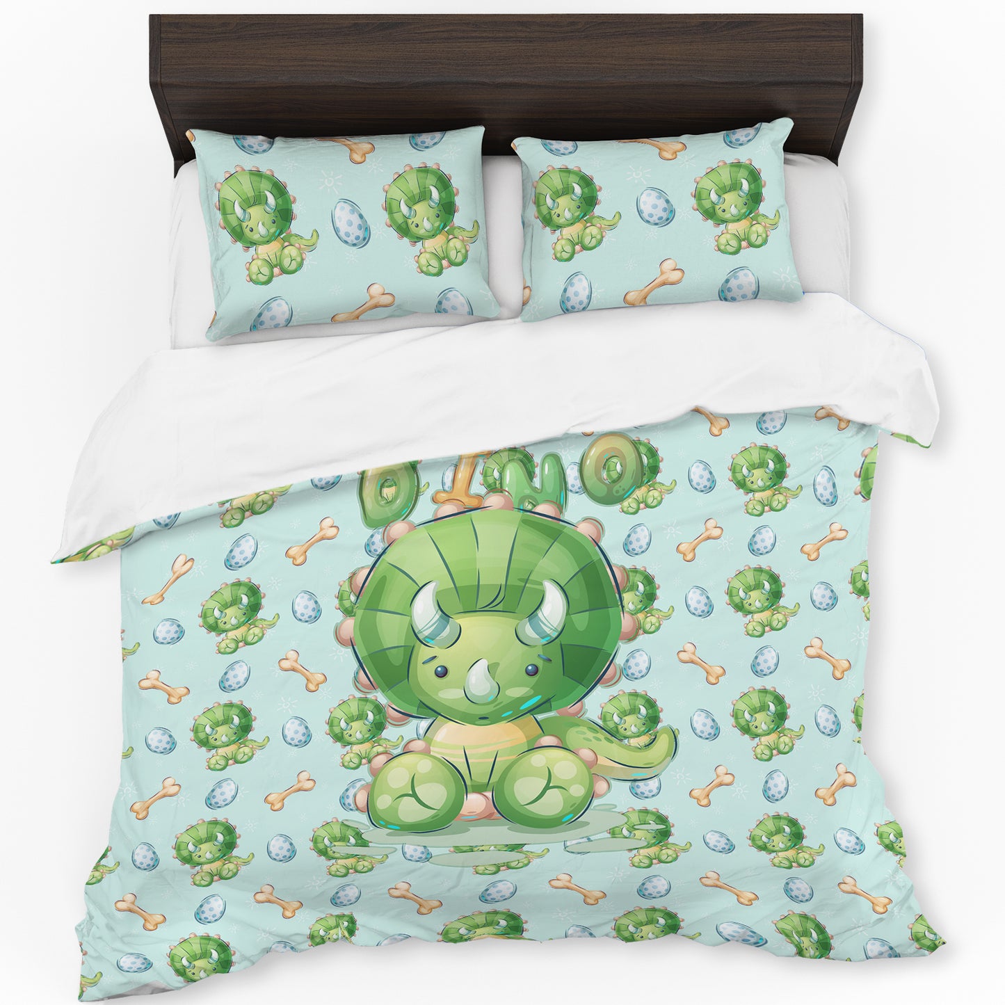 Cute Light Green Triceratops Kids Duvet Cover Set