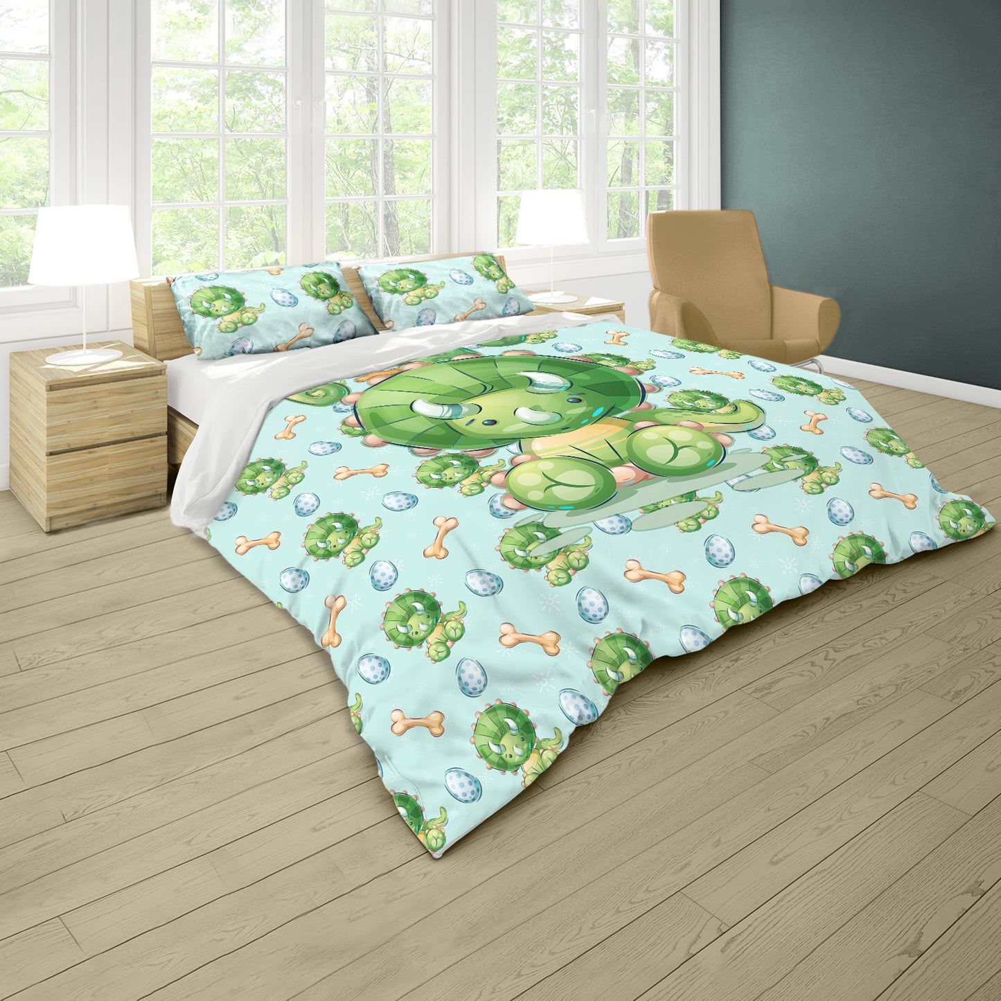 Cute Light Green Triceratops Kids Duvet Cover Set