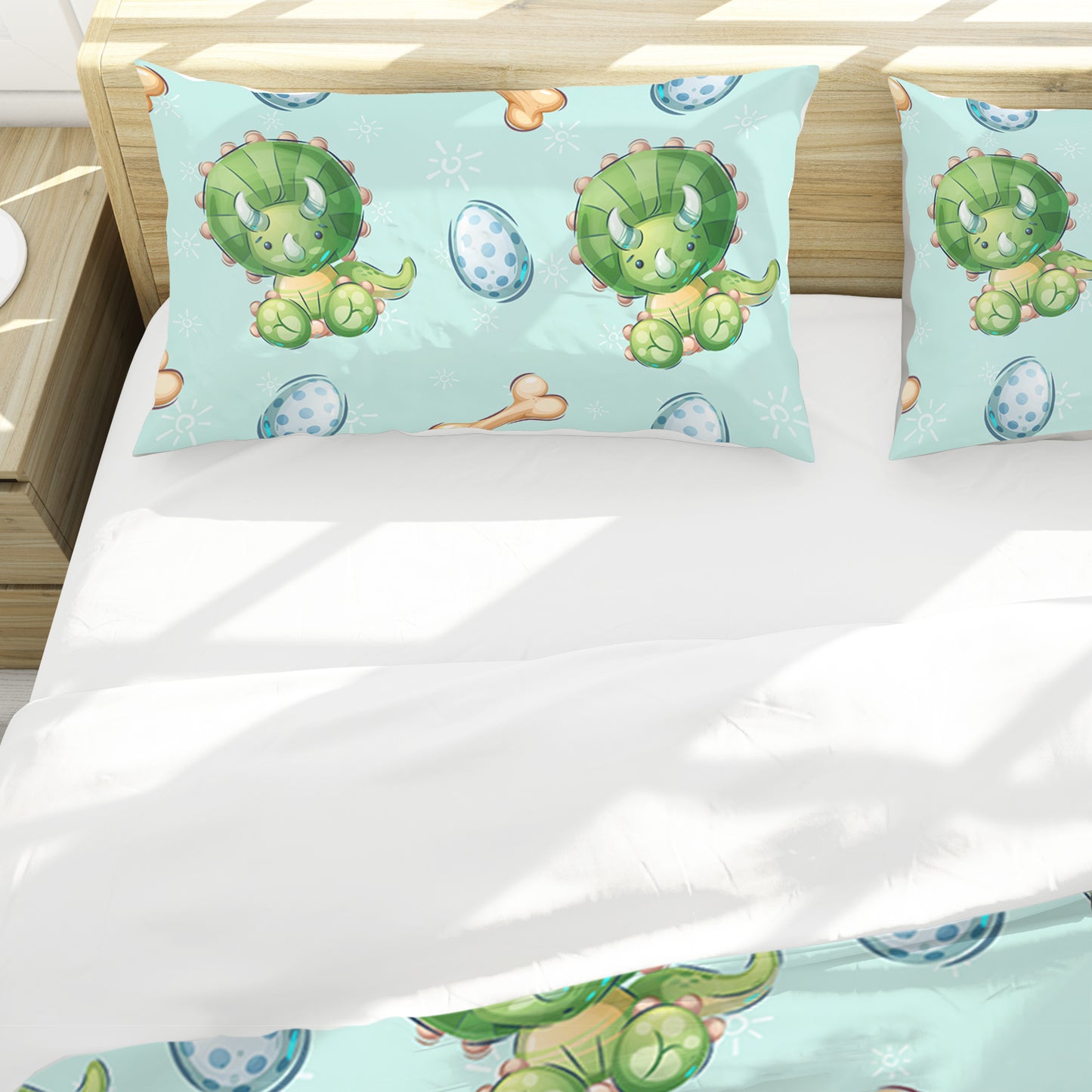 Cute Light Green Triceratops Kids Duvet Cover Set