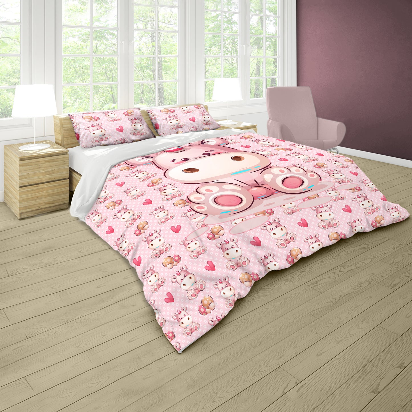 Cute Pink Hippo Kids Duvet Cover Set