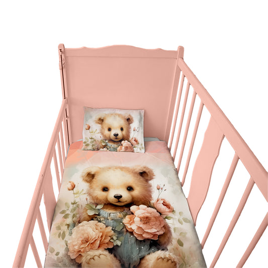 Cute Soft Floral Teddy Cot Set
