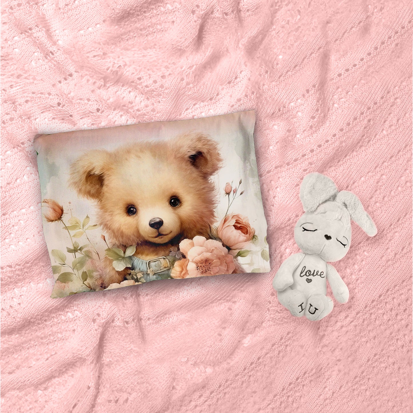 Cute Soft Floral Teddy Cot Set