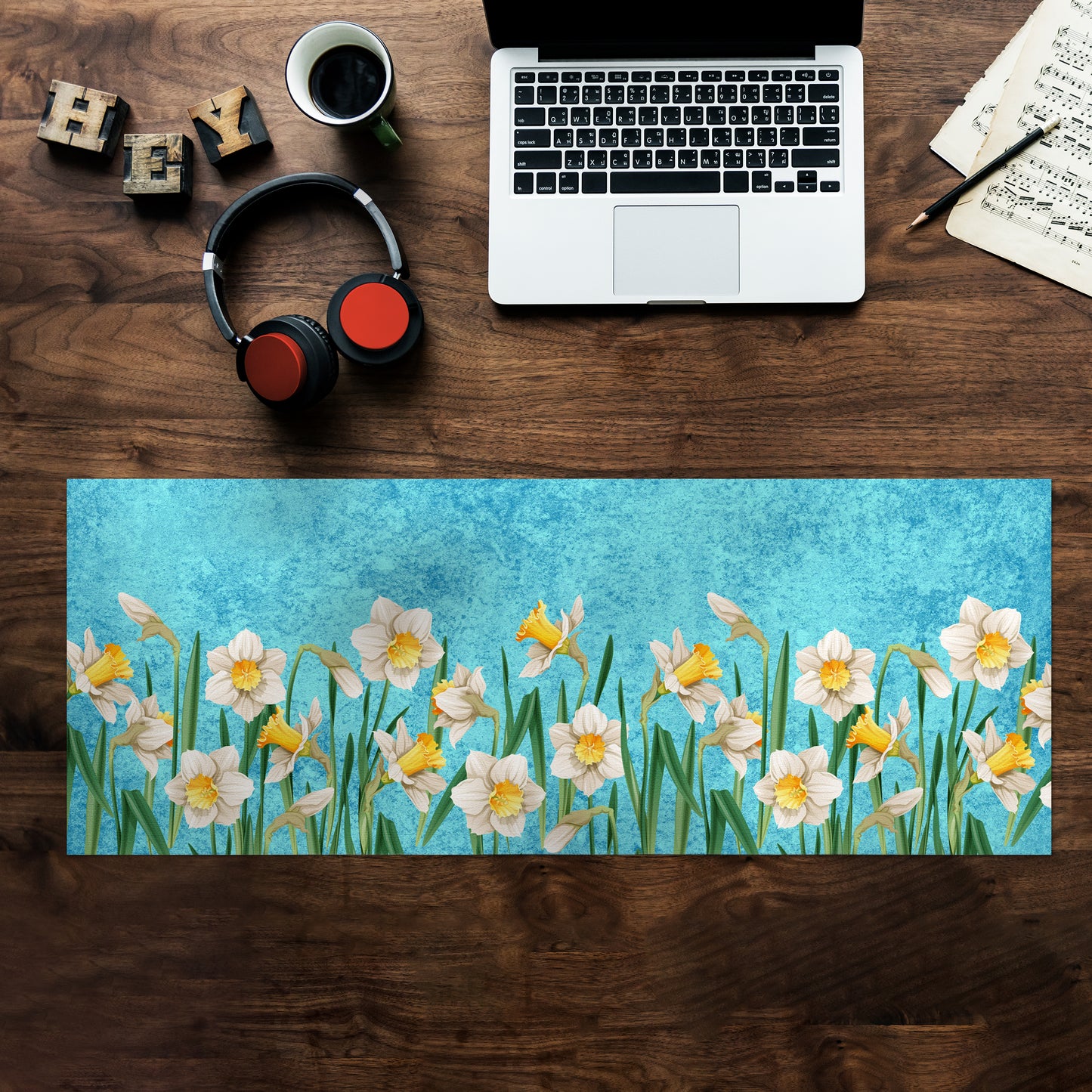 Daffodil on Blue Desk Pad