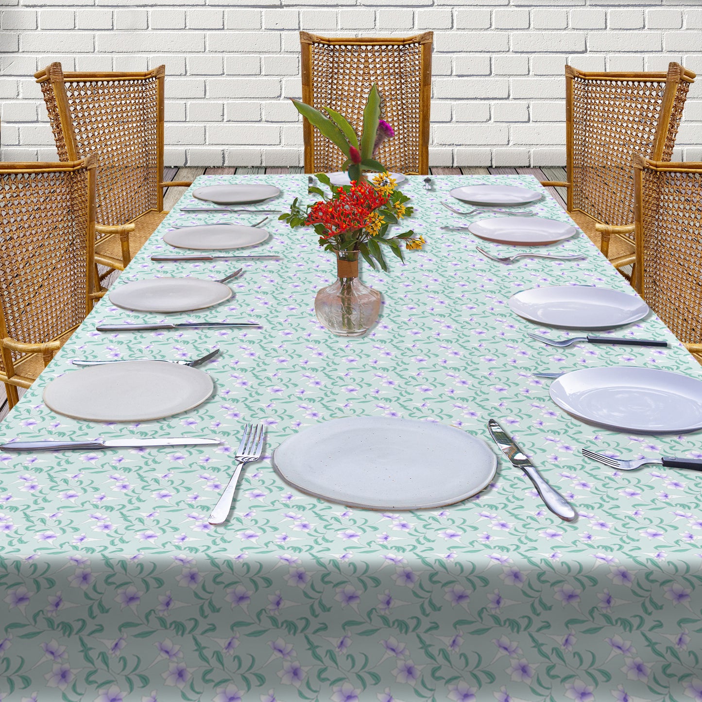Dainty White Flower on Mint Green 3m Rectangle Tablecloth