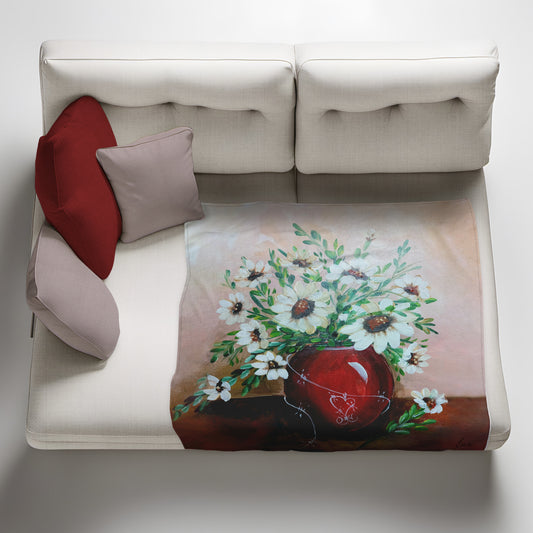 Daisies in Red Vase Light Weight Fleece Blanket by Lanie Wolvaardt